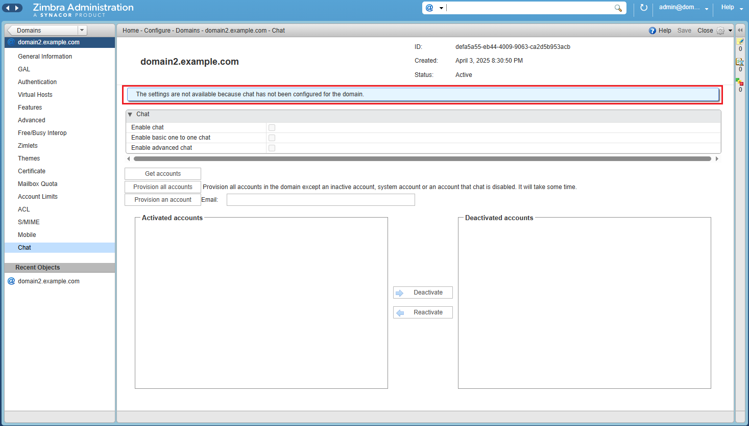 Zimbra Chat Admin Chat not configured